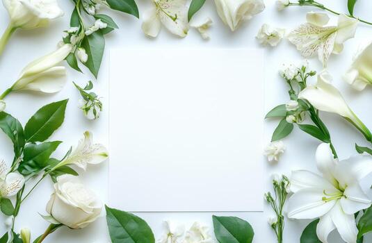 Floral Arrangement With Blank Card for Personalized Messages on White Background photo