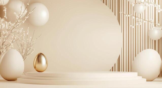 Golden Egg Presented on a Circular Pedestal With Decorative Elements in Soft Beige Tones. photo