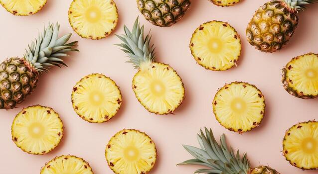 Fresh Pineapples Sliced and Arranged on a Pastel Pink Background for a Vibrant Fruit Display photo