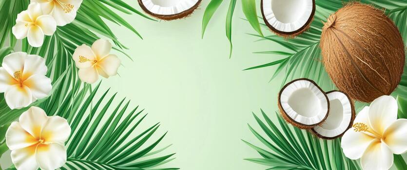 tropical cocos y flores rodeado por verde hojas en un vibrante diseño para verano temas foto