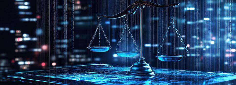 Balancing Justice With Digital Elements in a Cityscape Setting During Nighttime photo