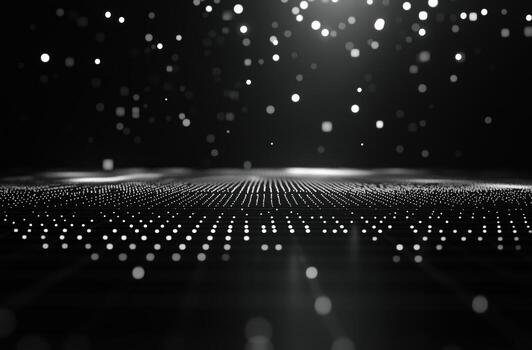 Digital Landscape With Floating Particles and Glowing Data Points in a Dark Environment. photo