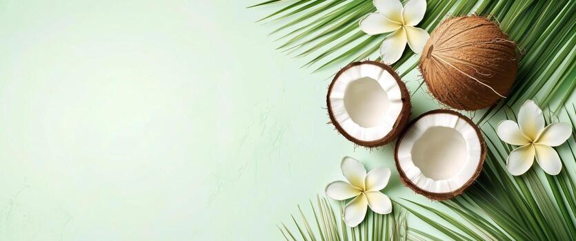 tropical cocos y flores rodeado por verde hojas en un vibrante diseño para verano temas foto