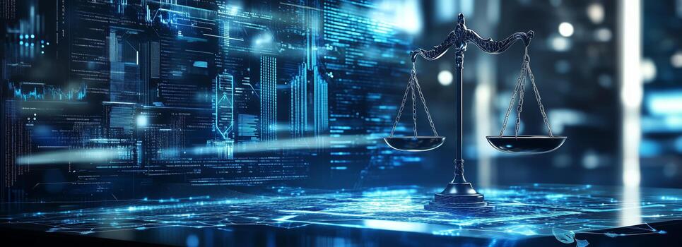 Balancing Justice With Digital Elements in a Cityscape Setting During Nighttime. photo