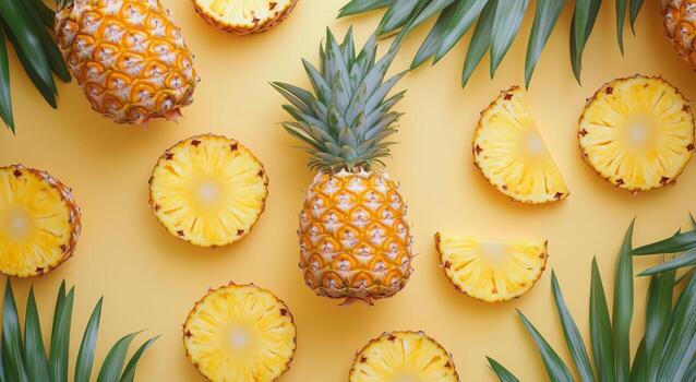 Vibrant Display of Whole and Sliced Pineapples With Green Leaves on Yellow Background photo