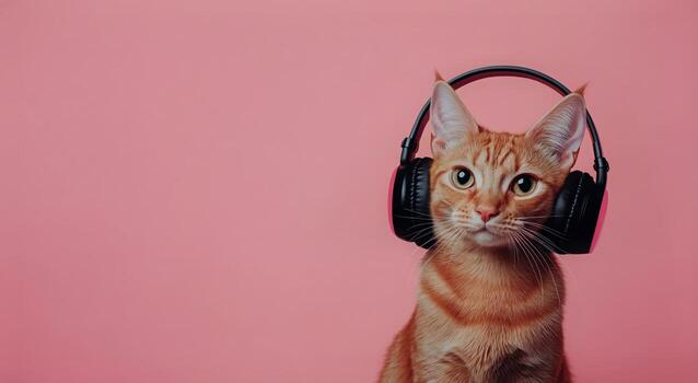 Cat Wearing Headphones on a Pink Background Enjoying Music in a Playful Setting photo