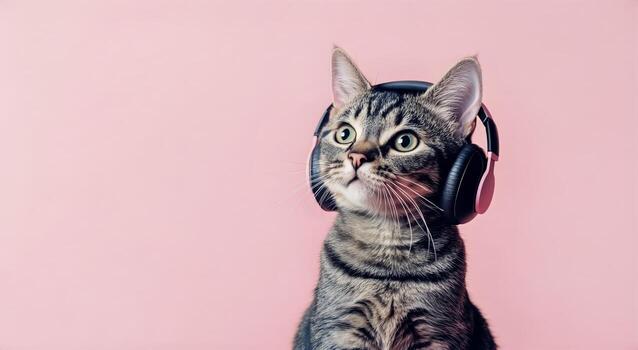 Cat Wearing Headphones on a Pink Background Enjoying Music in a Playful Setting. photo