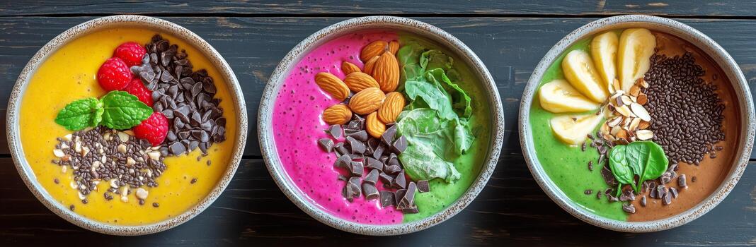 Colorful Smoothie Bowls With Fresh Fruits and Toppings Arranged on a Wooden Table. photo