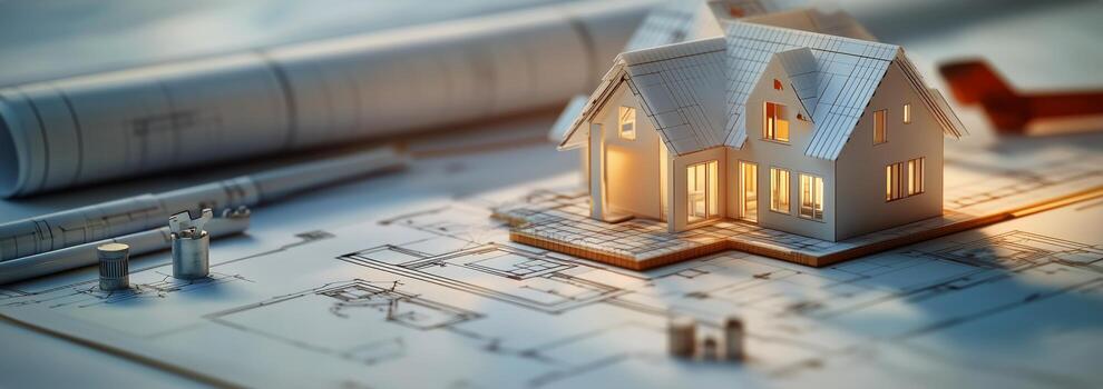 Architectural Model on Blueprints Illuminates Design Concepts in a Construction Workspace photo