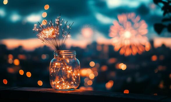 Glimmering Jar With Lights Against a Fireworks Display in the Evening Sky photo
