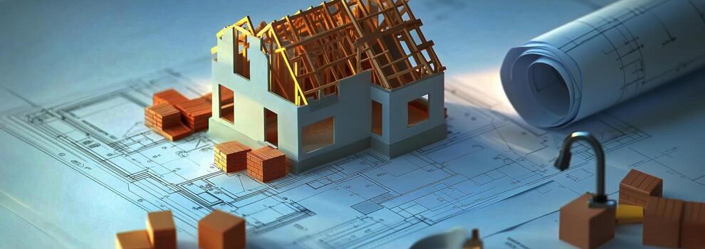 Model House Construction on Blueprints With Building Materials and Tools in a Workspace photo