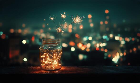 Glimmering Jar With Lights Against a Fireworks Display in the Evening Sky. photo