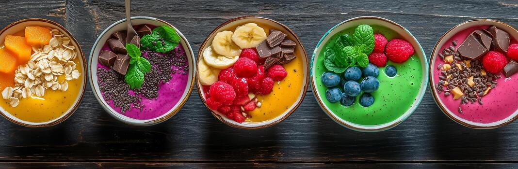 Colorful Smoothie Bowls With Fresh Fruits and Toppings Arranged on a Wooden Table photo