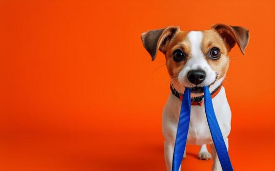 Happy Puppy Holds Leash Before Going for a Walk in a Vibrant Orange Setting photo