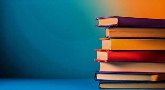 Colorful Stack of Books Against a Vibrant Background in a Cozy Reading Nook photo