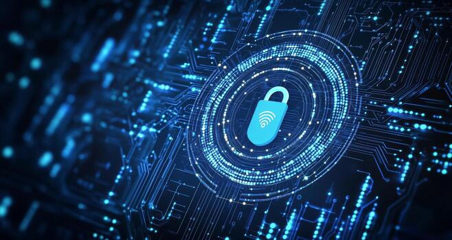 Cybersecurity Concept Featuring a Digital Padlock on a Glowing Circuit Board photo