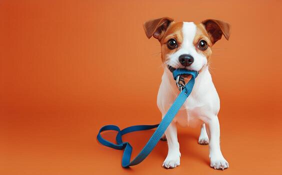 Happy Puppy Holds Leash Before Going for a Walk in a Vibrant Orange Setting. photo