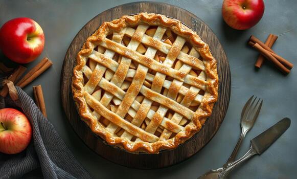 Delicious Homemade Apple Pie With a Golden Lattice Crust on a Wooden Table With Fresh Apples and Cinnamon photo