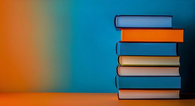 Colorful Stack of Books Against a Vibrant Background in a Cozy Reading Nook. photo