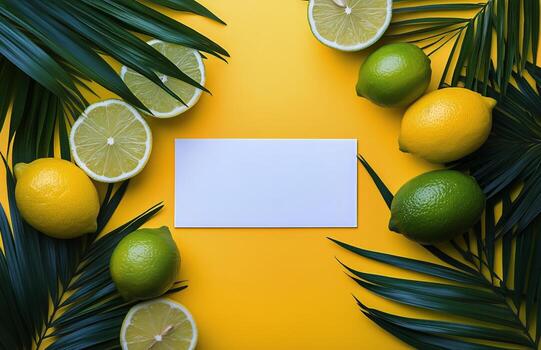 Fresh Citrus Fruits Arranged on a Vibrant Yellow Background With a Blank Sign for Customization photo