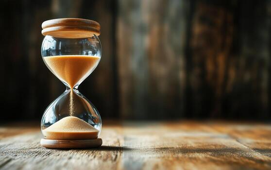 Hourglass on a Wooden Table Captures the Essence of Time Passing in a Serene Setting. photo