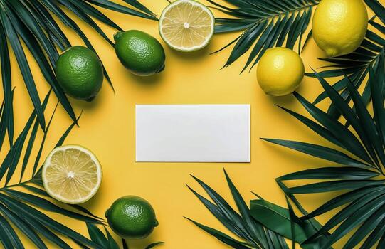 Fresh Citrus Fruits Arranged on a Vibrant Yellow Background With a Blank Sign for Customization. photo