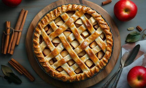 Freshly Baked Apple Pie on a Wooden Surface With Cinnamon and Red Apples photo