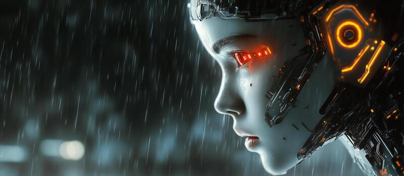 Futuristic Humanoid Robot With Glowing Features in a Rainy Urban Setting at Night photo