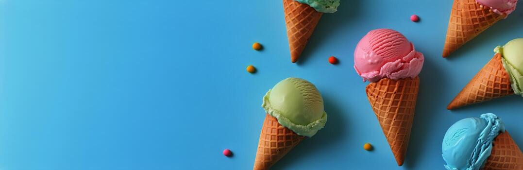 Colorful Ice Cream Cones Arranged on a Blue Background With Candy Pieces Scattered Around photo