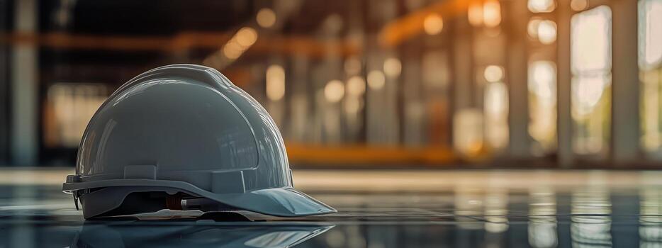 Construction Helmet Rests on the Floor of a Partially Completed Building During Sunset photo