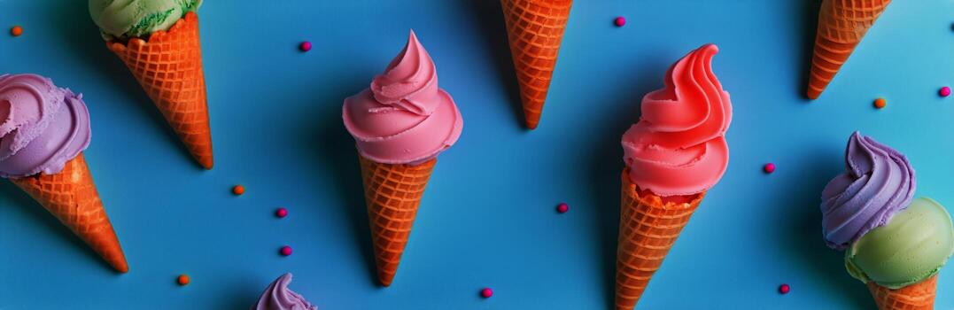 Colorful Ice Cream Cones Arranged on a Bright Blue Background With Playful Sprinkles Scattered Around photo