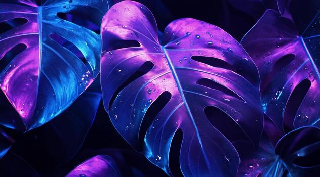 Vibrant Tropical Leaves Illuminated With Purple and Blue Lights Create a Mesmerizing Atmosphere photo