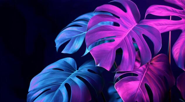 Vibrant Tropical Leaves Illuminated With Purple and Blue Lights Create a Mesmerizing Atmosphere. photo