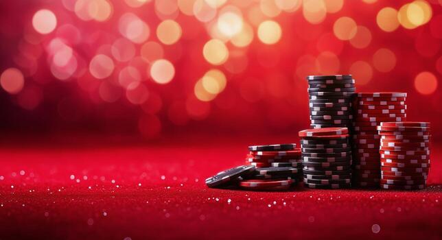 Stacks of Red and Black Poker Chips on a Vibrant Red Table With Blurred Background Lights. photo