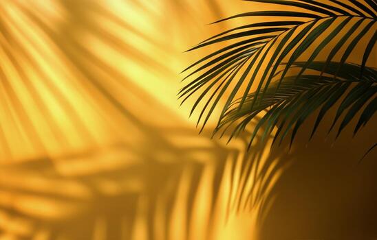 Shadows of Palm Leaves Against a Vibrant Yellow Background Create a Tropical Atmosphere at Midday. photo