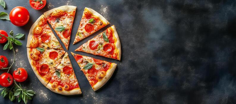 Enjoy Delicious Slices of Pizza Topped With Fresh Basil and Olives on a Black Stone Surface. photo