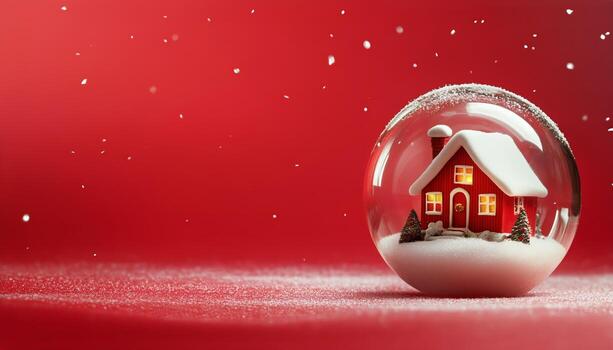 Charming Snow Globe With a Small Red House and Snowy Landscape on a Festive Red Background photo