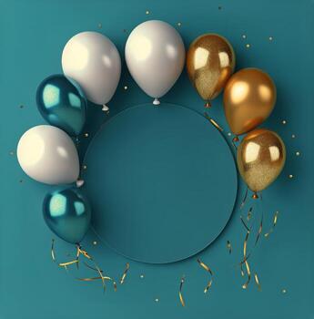 Colorful Balloons Create a Festive Scene for Celebration on a Blue Background With Confetti and Ribbons photo