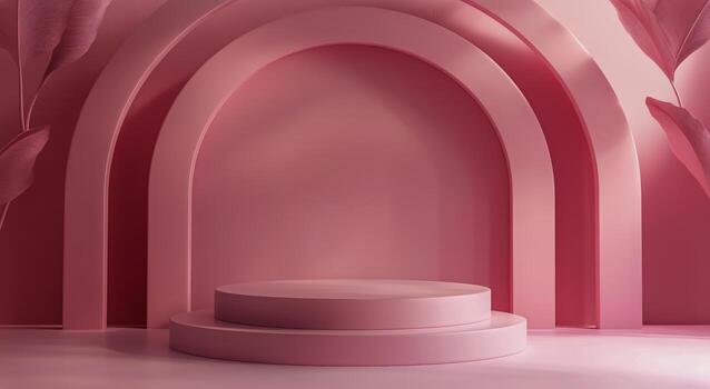 Elegant Pink Display Stage With Sculpted Arches and Smooth Platforms for Showcasing Art or Products photo