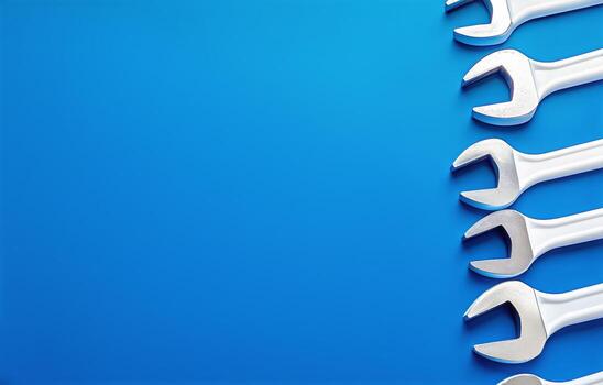 White Wrenches Arranged Neatly on a Blue Background in a Well-Lit Workspace. photo