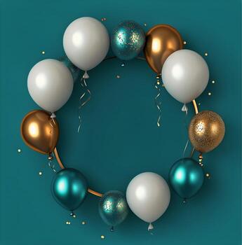 Colorful Balloons Create a Festive Scene for Celebration on a Blue Background With Confetti and Ribbons. photo