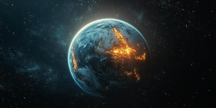 Planet Earth Illuminated by Fiery Eruptions in Space at Night photo