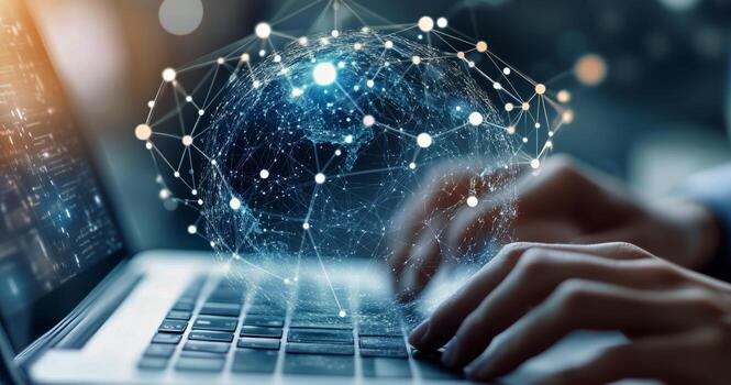 explorador digital comunicación con un brillante red globo encima un ordenador portátil teclado. foto