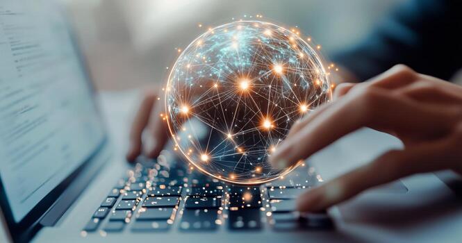 explorador digital comunicación con un brillante red globo encima un ordenador portátil teclado foto