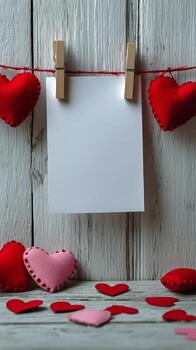Display of Colorful Felt Hearts With Blank Note on Wooden Background for Romantic Occasions photo