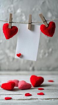 Display of Colorful Felt Hearts With Blank Note on Wooden Background for Romantic Occasions. photo