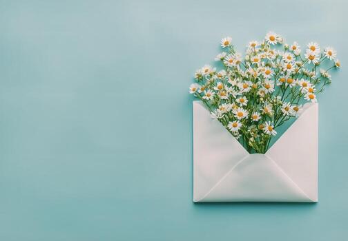 Bright Flowers in an Envelope on a Light Blue Background for a Cheerful Message photo