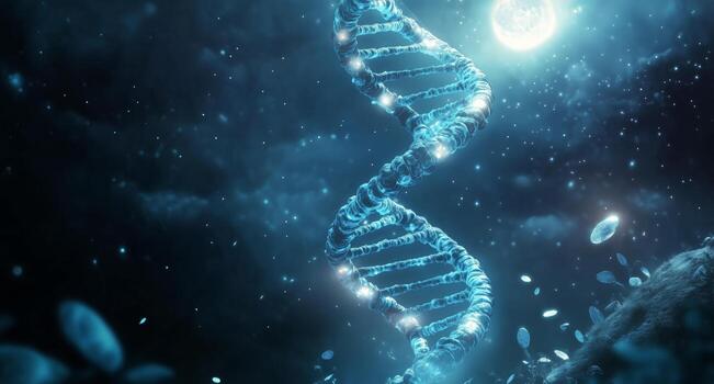 Exploring the Beauty of DNA Structure Illuminated by Moonlight in a Dark, Cosmic Setting photo