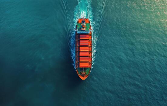 Container Ship Navigating Through Clear Blue Waters in Bright Sunlight. photo