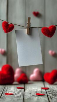 Hanging Hearts and Blank Note on a Wooden Background for Romantic Messages photo